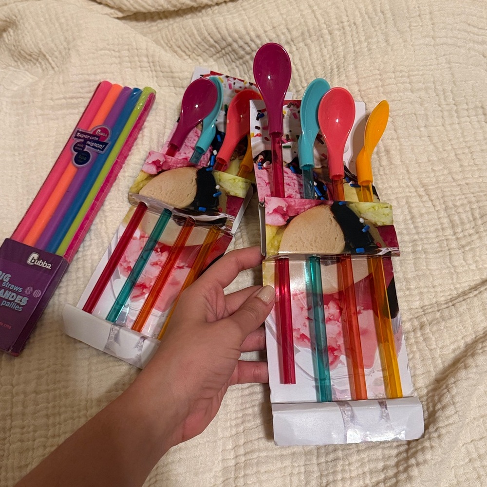 Party Dinnerware Icecream spoons big boba straws colorful confetti rainbow kids - Picture 2 of 2